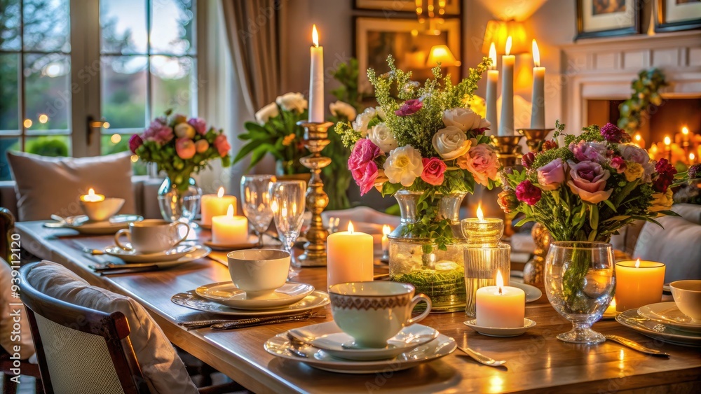 Elegant dinner party setup with candles, flowers, and fine china on a beautifully set table in a cozy and inviting living room atmosphere. Elegant dinner party setup with candles, flowers, and fine china on a beautifully set table in a cozy and inviting living room atmosphere.