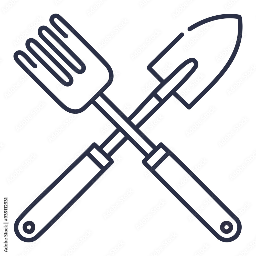 Gardening tools crossed. Simple outline icon of a gardening trowel and hand rake crossed over each other. Gardening tools crossed. Simple outline icon of a gardening trowel and hand rake crossed over each other.