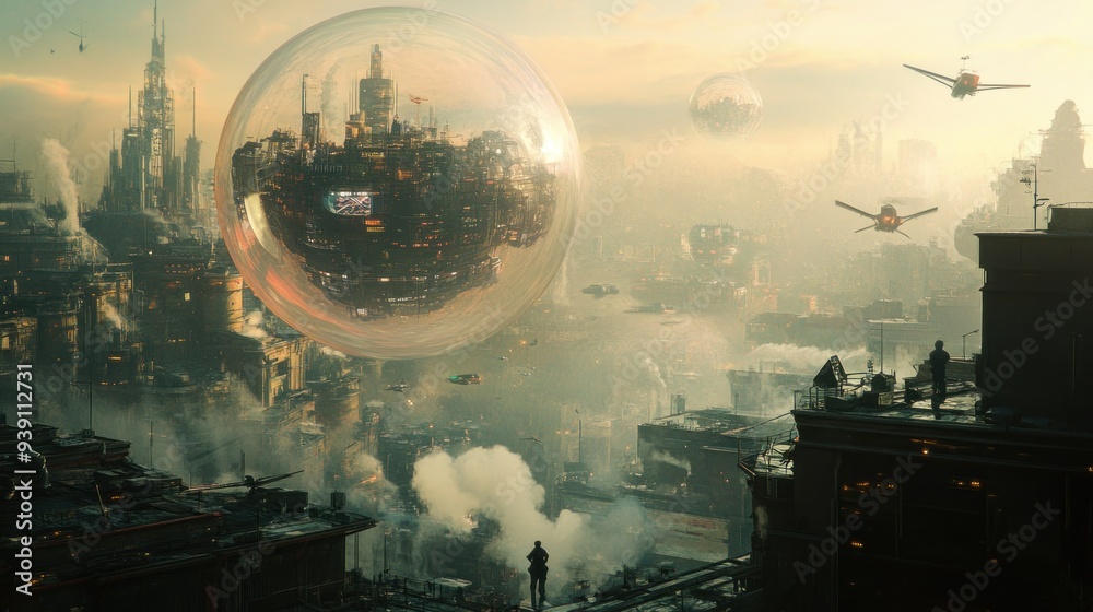 Obraz premium Futuristic Cityscape with a Giant Transparent Sphere Enclosing a City