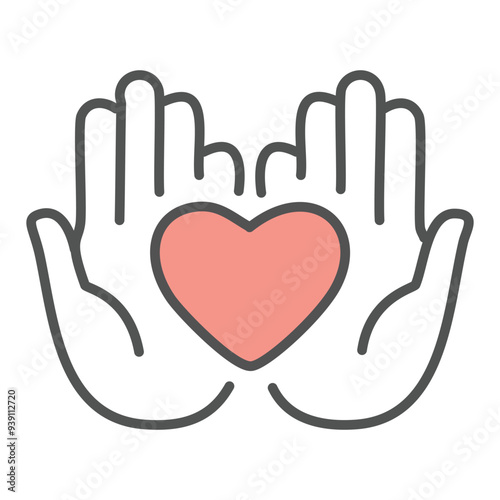 Hands holding heart icon. Simple line icon of two hands cupping a heart. Perfect for representing love, care, and generosity.