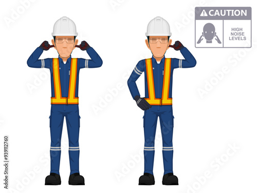 Two industrial workers are closing his ears on white background