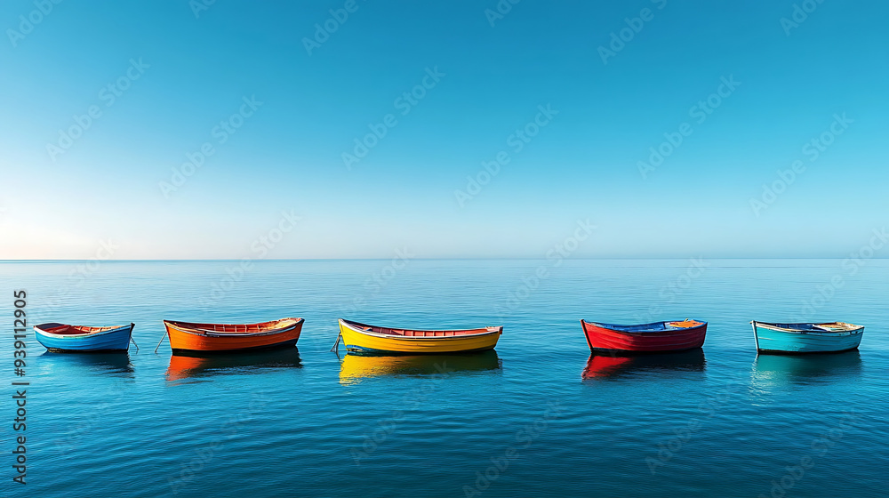 Calm waters cradle an array of bright fishing boats, anchored by the beach under the warmth of a clear, blue sky Calm waters cradle an array of bright fishing boats, anchored by the beach under the warmth of a clear, blue sky