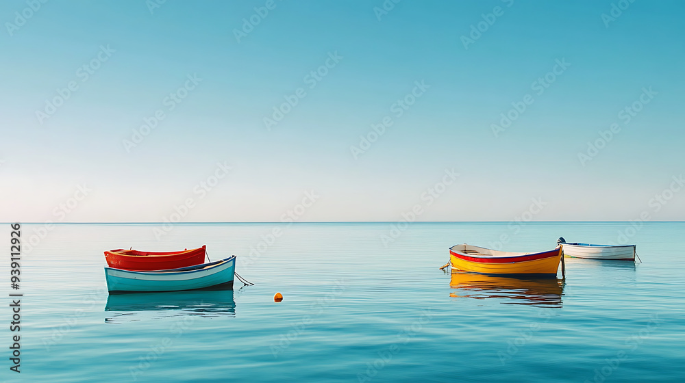 Calm waters cradle an array of bright fishing boats, anchored by the beach under the warmth of a clear, blue sky Calm waters cradle an array of bright fishing boats, anchored by the beach under the warmth of a clear, blue sky