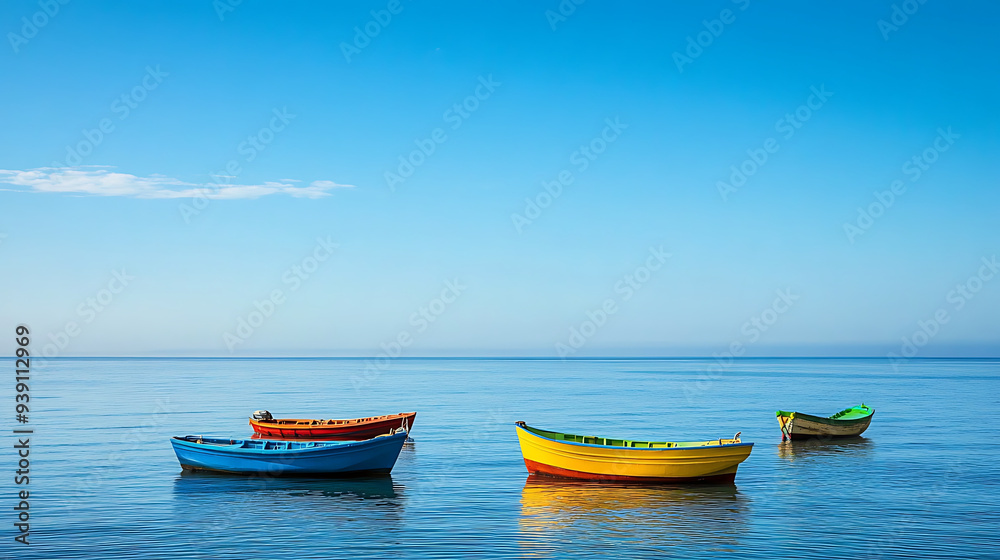 Calm waters cradle an array of bright fishing boats, anchored by the beach under the warmth of a clear, blue sky Calm waters cradle an array of bright fishing boats, anchored by the beach under the warmth of a clear, blue sky