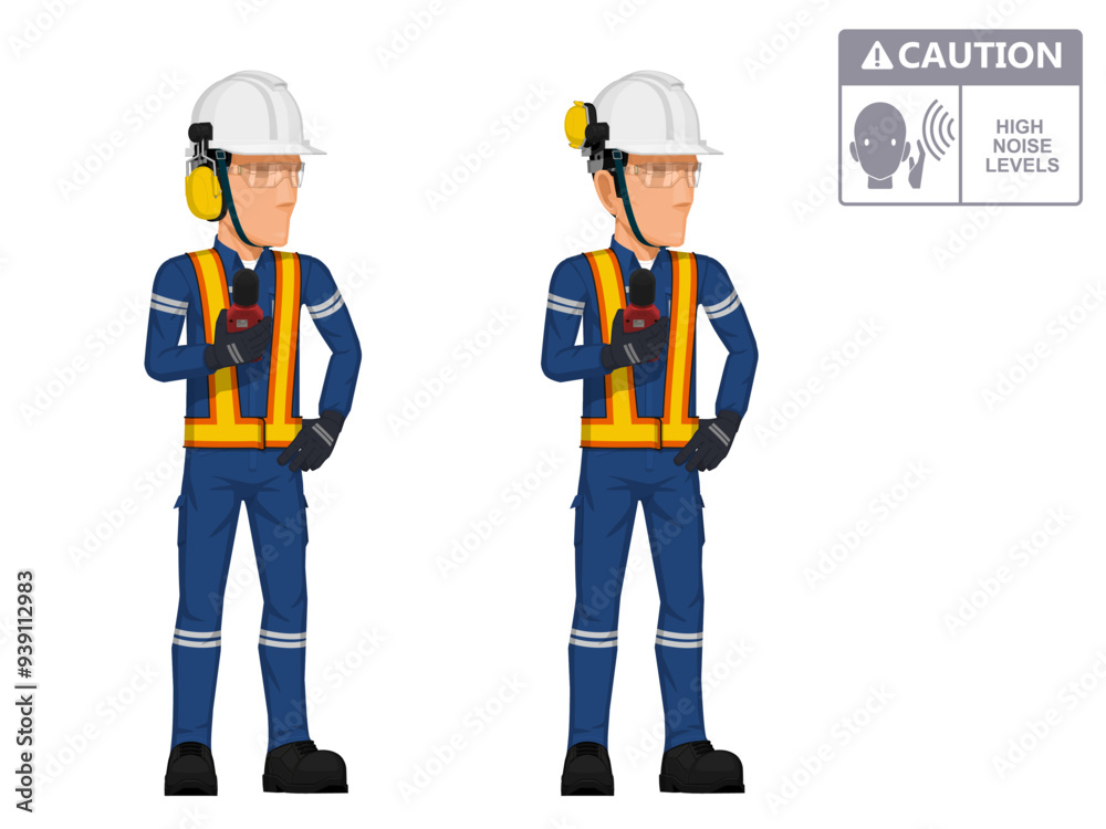 Two industrial workers are measuring sound level on white background Two industrial workers are measuring sound level on white background