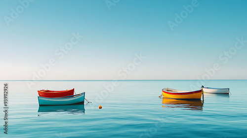 Calm waters cradle an array of bright fishing boats, anchored by the beach under the warmth of a clear, blue sky