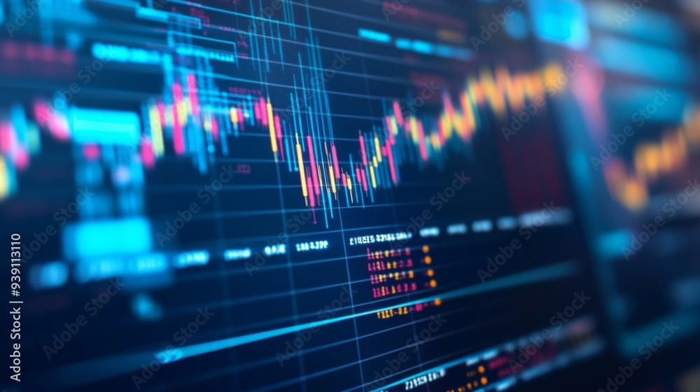 Detailed shot of financial data on a computer screen, including line graphs and performance indicators
