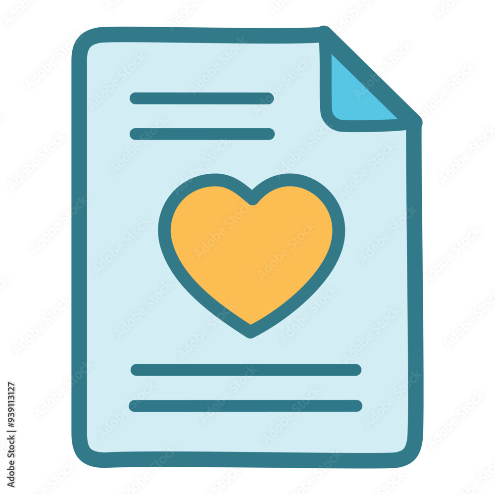 Document with heart icon. A simple blue and yellow icon representing a document with a heart symbol, ideal for representing love, care, or compassion.