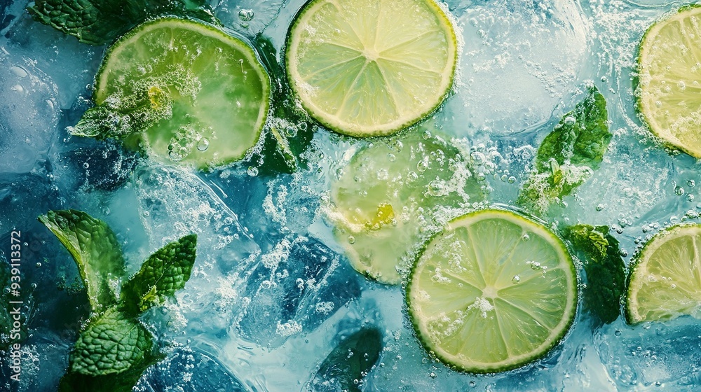 Refreshing drink made with lime slices and mint leaves in water. Textured photo. Generative ai Refreshing drink made with lime slices and mint leaves in water. Textured photo. Generative ai