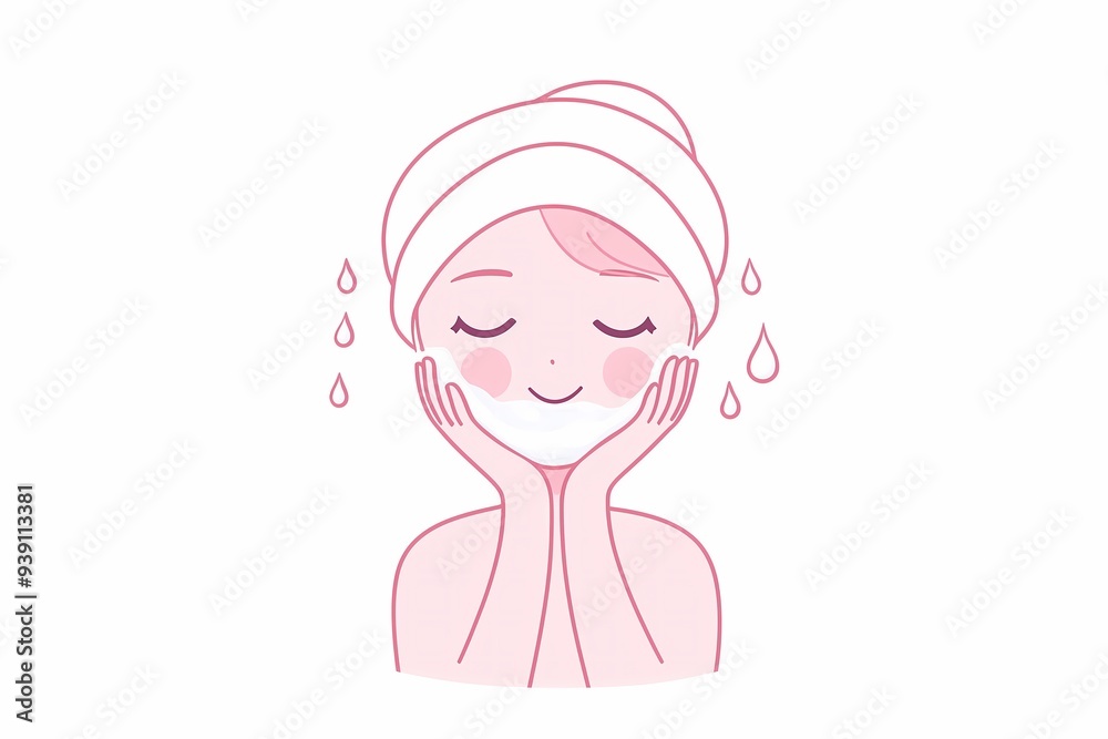 Simple line art, fkat illustration of woman with hair wrapped in a towel, washing her face with water and cream, beauty and skin care products poster, banner, free copy space Simple line art, fkat illustration of woman with hair wrapped in a towel, washing her face with water and cream, beauty and skin care products poster, banner, free copy space