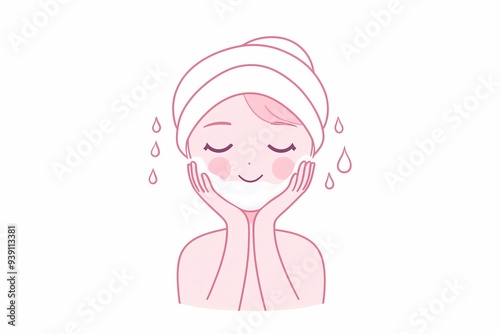 Simple line art, fkat illustration of woman with hair wrapped in a towel, washing her face with water and cream, beauty and skin care products poster, banner, free copy space photo