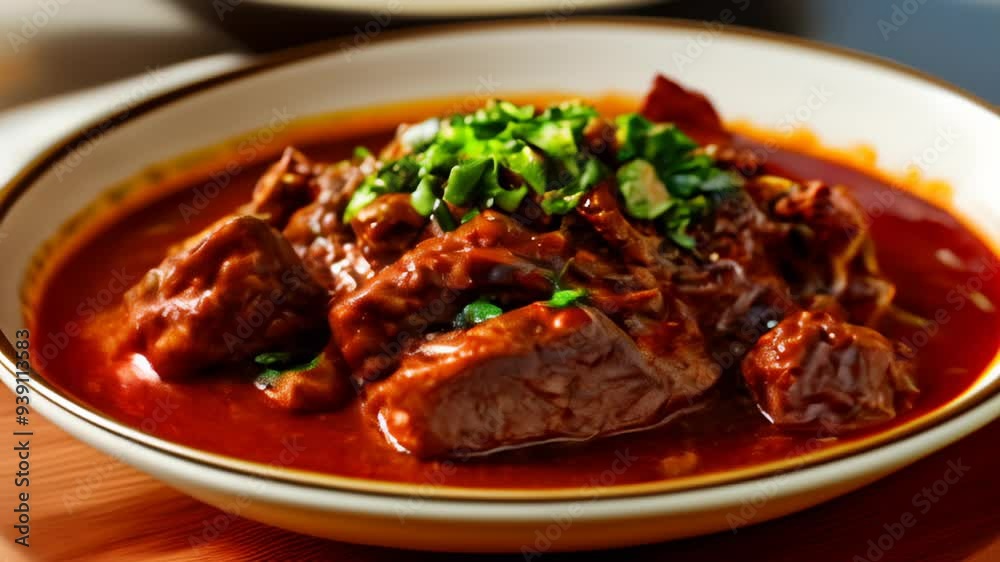 Delicious beef stew with a vibrant red sauce and fresh herbs Delicious beef stew with a vibrant red sauce and fresh herbs