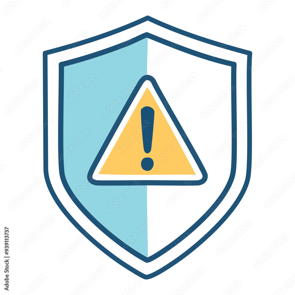 Shield with warning icon. A protective shield with a warning sign inside symbolizes caution, risk, and potential danger. Shield with warning icon. A protective shield with a warning sign inside symbolizes caution, risk, and potential danger.