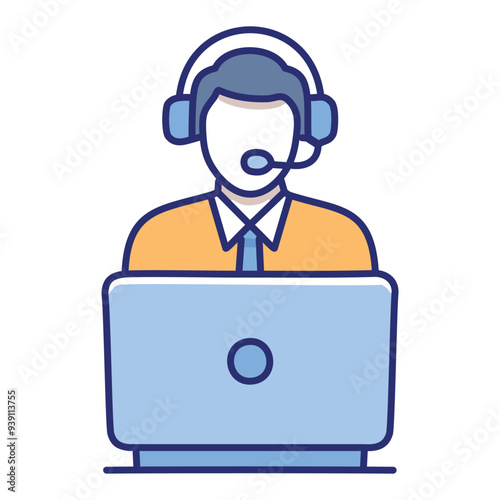 Online support agent illustration. Simple, colorful icon depicting a support agent using a laptop. Great for websites and apps needing customer service visuals.