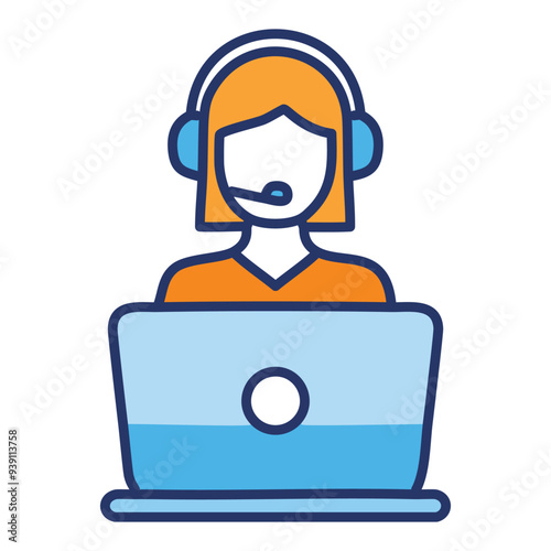 Female customer service representative with laptop. Illustration of a female customer support representative working on a laptop, wearing a headset.  Perfect for websites and social media posts.