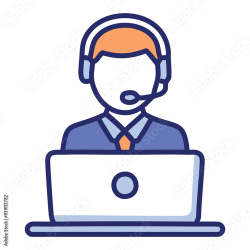 Customer support agent laptop icon. A colorful illustration of a customer service representative at a laptop, wearing a headset, symbolizing support, assistance, and tech help.