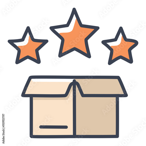 High quality product with stars rating icon. Illustration of a box with three stars above it, representing high-quality products and excellent ratings.