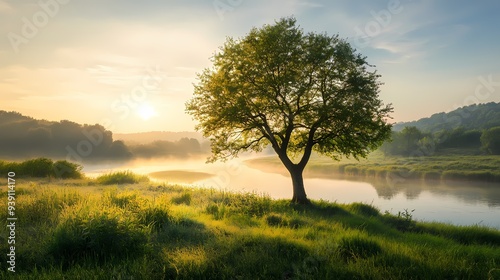 A beautiful green tree in a meadow near a river at sunrise with misty fog in the background, capturing a serene nature landscape