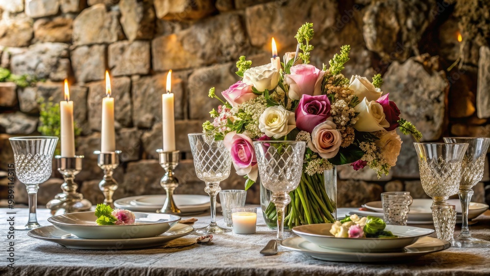 Elegant table setting with fine china, crystal glasses, and white linens, adorned with fresh flowers and candles, against a richly textured stone background. Elegant table setting with fine china, crystal glasses, and white linens, adorned with fresh flowers and candles, against a richly textured stone background.