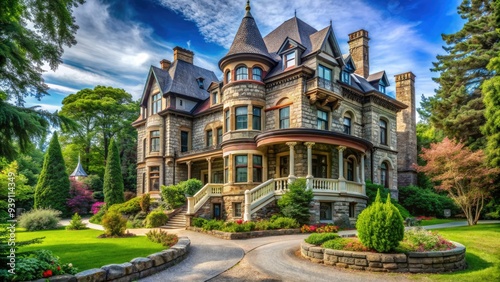 Elegant three-story Victorian mansion with intricate stonework, turrets, and ornate balconies, surrounded by lush greenery and a winding stone pathway.