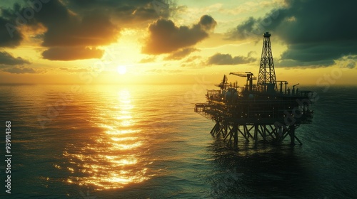 Cinematic Aerial View of an Offshore Oil Rig at Golden Hour, Captured in 8K Resolution.