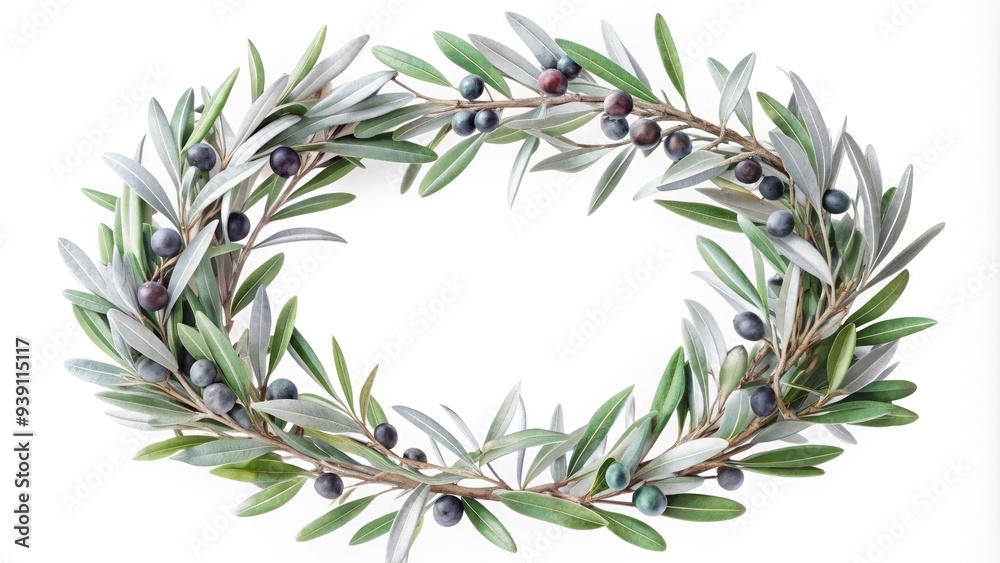 Elegant wreath made of intertwined olive branches and silver leaves, adorned with delicate twigs and berries, perfect for a rustic or vintage-themed decor. Elegant wreath made of intertwined olive branches and silver leaves, adorned with delicate twigs and berries, perfect for a rustic or vintage-themed decor.