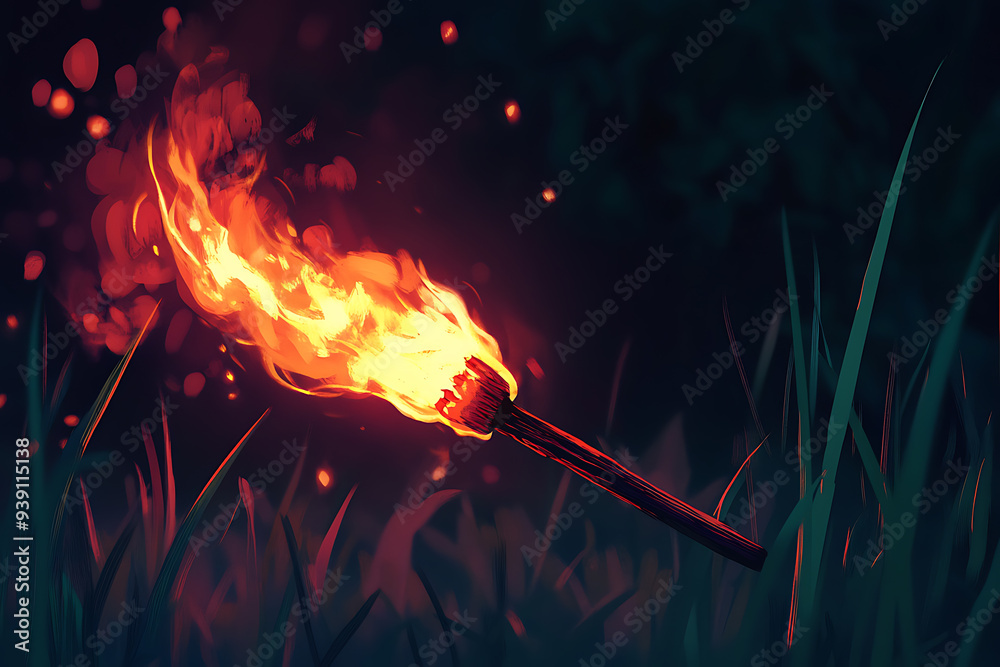 A minimalist flat art style illustration of a burning match, symbolizing ignition, passion, and the beginning of something new