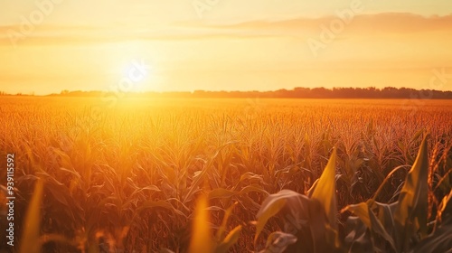 Serene Cornfield at Sunset: Golden Rays of Light Filtering Through Stalks with a Warm Orange Sky