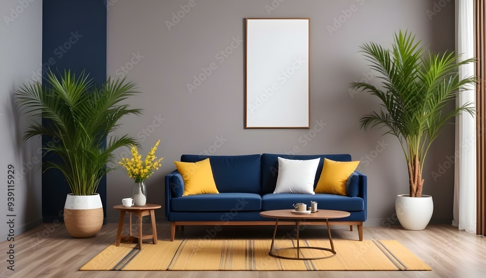 Interior mockup In a white room a blue sofa is placed next to a photo frame on the wall Interior mockup In a white room a blue sofa is placed next to a photo frame on the wall