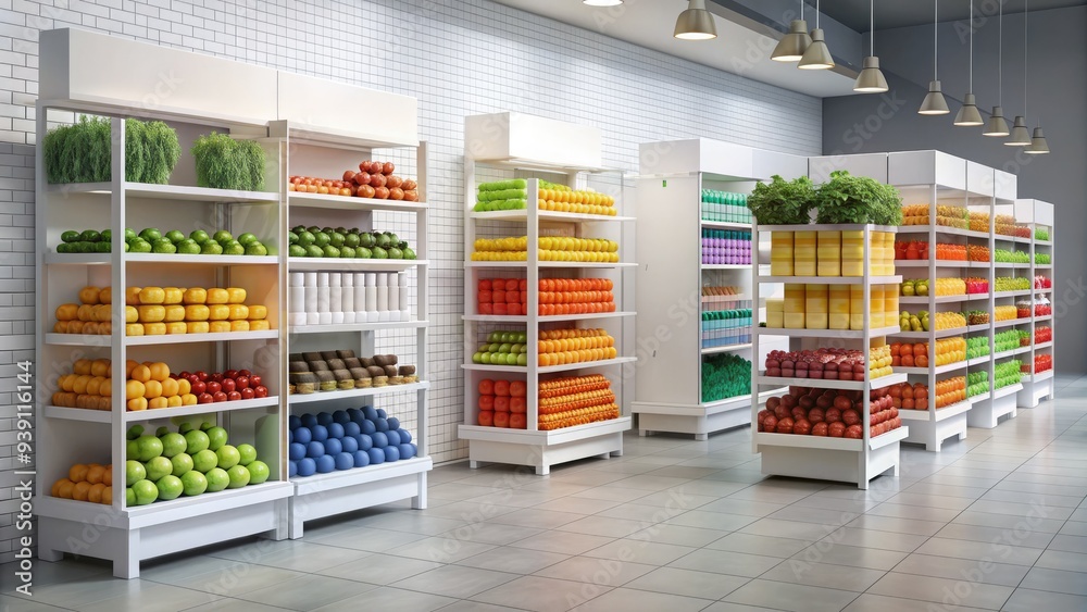 Empty white stand mockup with colorful backgrounds, shelves, and hanging signs, ideal for showcasing grocery products, promotions, and branding in a retail setting. Empty white stand mockup with colorful backgrounds, shelves, and hanging signs, ideal for showcasing grocery products, promotions, and branding in a retail setting.