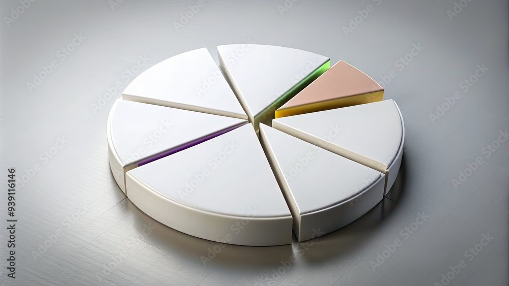 Obraz premium Empty white pie chart outline with six slices, waiting to be filled with colorful data or statistics, isolated on a light gray background.