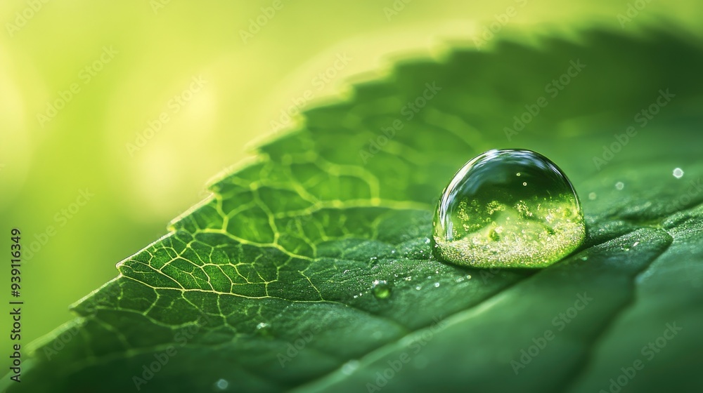 Water droplet delicately placed on a bright green leaf, with a fresh green background, symbolizing purity and natural beauty Water droplet delicately placed on a bright green leaf, with a fresh green background, symbolizing purity and natural beauty