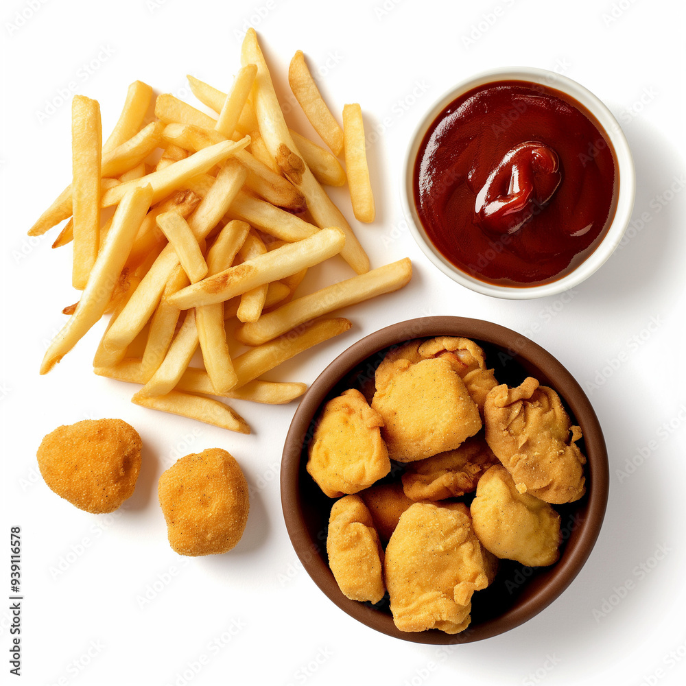 Hyper-Realistic Fast Food Feast with French Fries, Chicken Nuggets, and Barbecue Sauce on Clean White Background: Perfect for Food and Restaurant Stock Photography Hyper-Realistic Fast Food Feast with French Fries, Chicken Nuggets, and Barbecue Sauce on Clean White Background: Perfect for Food and Restaurant Stock Photography
