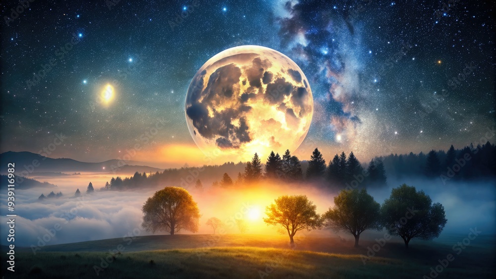 Fototapeta premium Ethereal full moon aglow with soft, pulsing light, suspended in a dark starry night sky, casting an otherworldly glow over the serene, misty landscape.