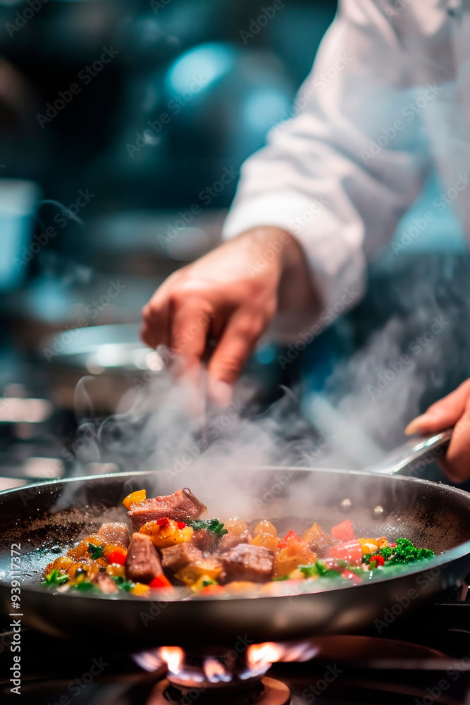 Image created with AI. Chef Stirring a Pan of Sautéed Vegetables and Meat Image created with AI. Chef Stirring a Pan of Sautéed Vegetables and Meat
