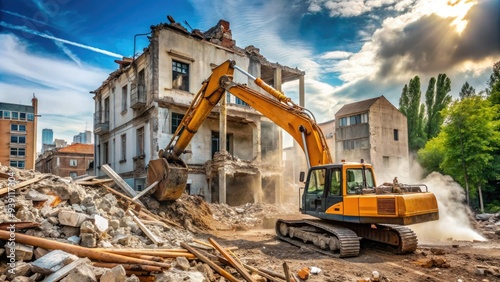 Excavator smashing old building into piles of rubble and debris, clearing land for new construction project in urban renewal area. photo