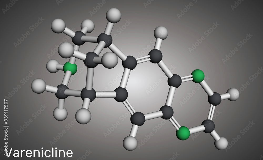 Varenicline molecule, a medication used for smoking cessation. Molecular model. 3D rendering