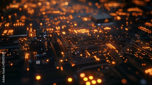 Detailed view of a circuit board with visible electrical wave patterns and glowing components