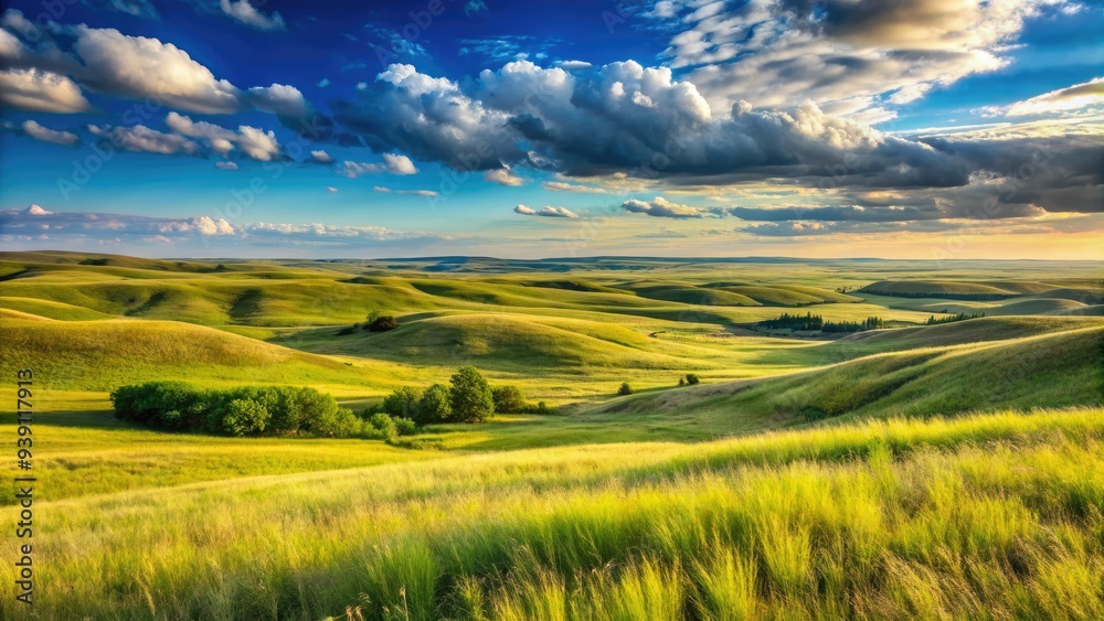 Fototapeta premium Expansive Tallgrass Prairie Landscape With Rolling Hills, Swaying Grass, And Distant Trees Under A Vast Blue Sky