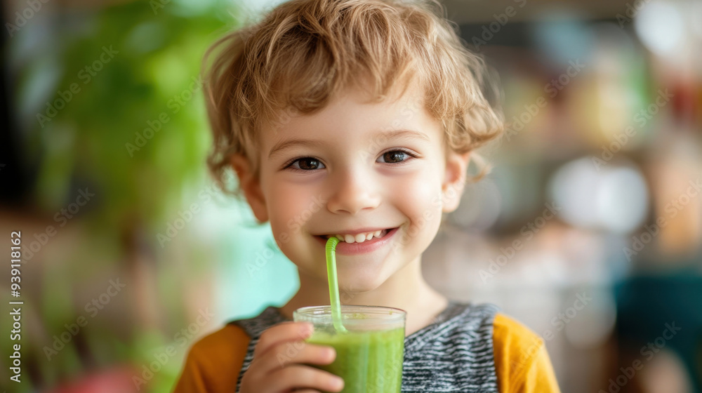 Happy boy smiling while drinking a microgreen smoothie through a straw in a kitchen. Healthy lifestyle and vegan concept Happy boy smiling while drinking a microgreen smoothie through a straw in a kitchen. Healthy lifestyle and vegan concept