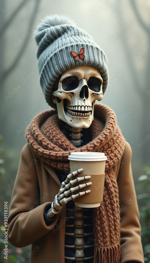 Fototapeta premium A whimsical skeleton enjoys a coffee in a misty forest, blending humor and the cozy vibe of autumn. Perfect for seasonal marketing or Halloween-themed content.