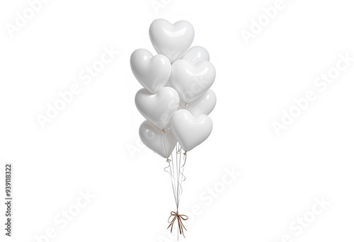 Hand holding blank silver heart balloon bouquet mockup, isolated. photo