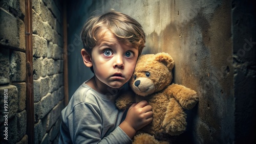 Fearful young boy with wide eyes and open mouth cowers in corner, fingers grasping worn teddy bear for comfort in dimly lit, eerie atmosphere. photo