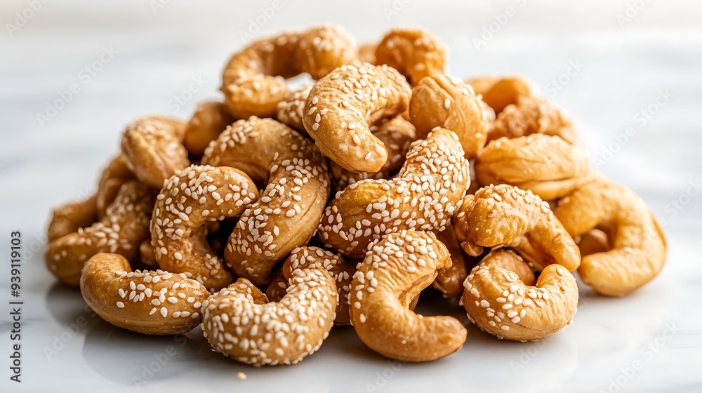 A pile of small, light brown cashews, coated in sesame seeds. A pile of small, light brown cashews, coated in sesame seeds.