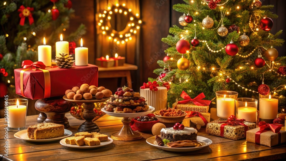 Festive holiday table setting with decorated tree, candles, and gift boxes surrounded by delicious treats like cookies, fruitcake, and chocolates in a cozy warm atmosphere. Festive holiday table setting with decorated tree, candles, and gift boxes surrounded by delicious treats like cookies, fruitcake, and chocolates in a cozy warm atmosphere.