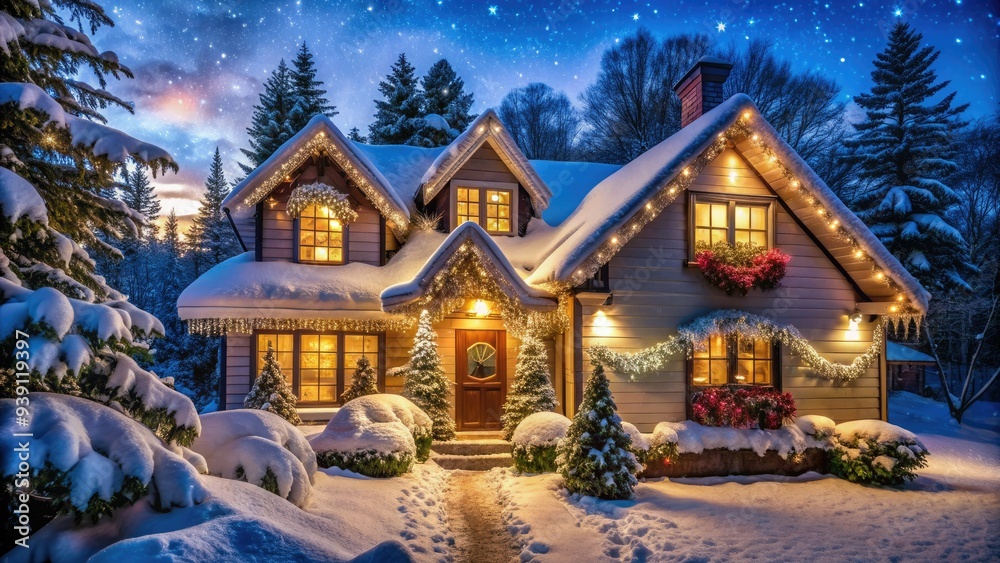 Fototapeta premium Festively lit snow-covered house with icicle-adorned roof, garland-draped porch, and twinkling window displays, surrounded by snowflakes and evergreen trees under a starry night sky.