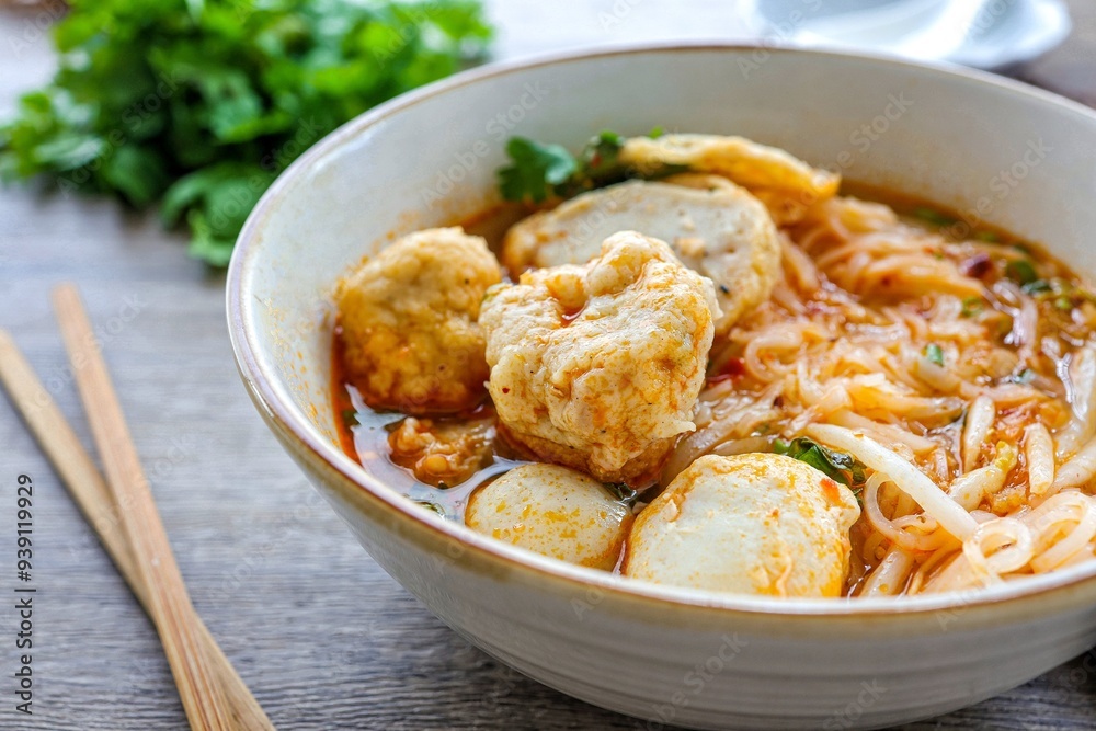 Thin rice noodles soup with meatball in a ceramic bowl with chopsticks on wooden backgroud Thin rice noodles soup with meatball in a ceramic bowl with chopsticks on wooden backgroud