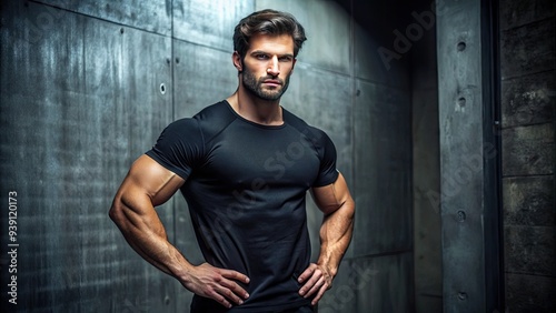 Fit male model with toned arms and chest, wearing a black t-shirt, stands confidently with a strong pose, exuding masculinity and strength in a modern setting.