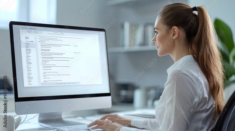 Professional businesswoman sending an einvoice online while working on her computer Professional businesswoman sending an einvoice online while working on her computer