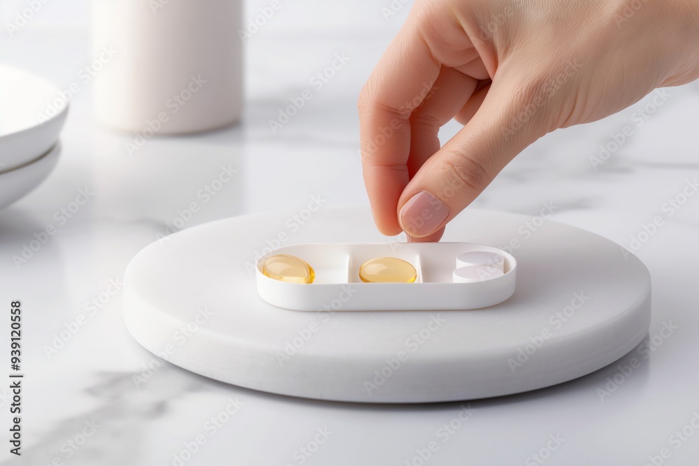 A hand picks up a pill from a pill organizer on a white surface. A hand picks up a pill from a pill organizer on a white surface.